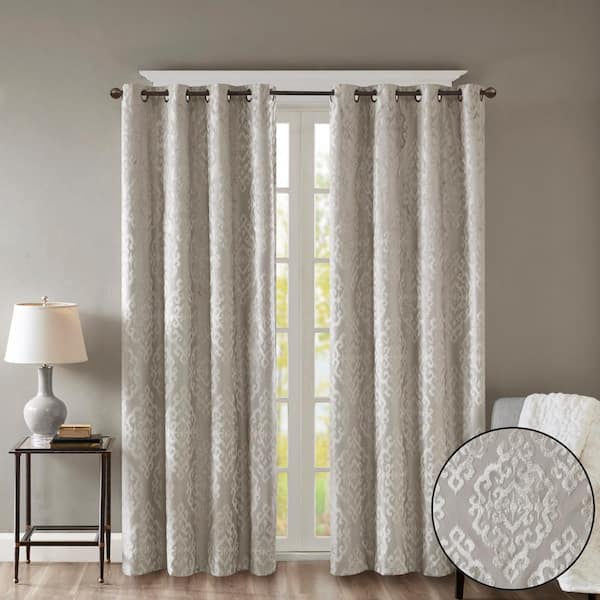 Elysia Silver Damask Knitted Jacquard Damask 50 in. W x 84 in. L Blackout Grommet Top Curtain