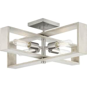 Boundary 24 in. Contemporary Brushed Nickel Flush Mount with Grey Wash Oak Accents for Kitchen or Bedroom