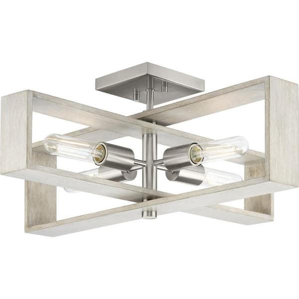 Progress Lighting Boundary 24 in. Contemporary Brushed Nickel Flush Mount with Grey Wash Oak Accents for Kitchen or Bedroom