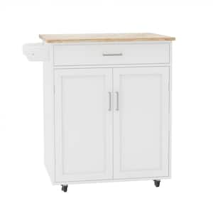 White MDF Wood 32 in. Kitchen Island Rolling Trolley Cart with Adjustable Shelves and Towel Rack
