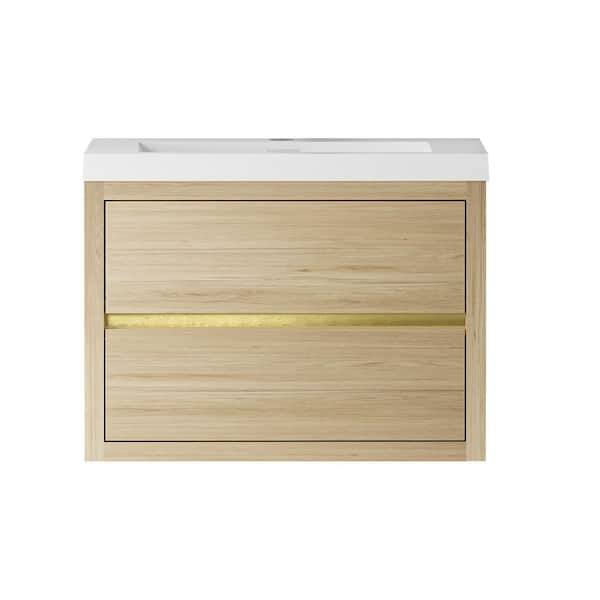 30 in. Wall-Mounted Natural Oak Bath Vanity with Glossy White Solid Surface Top Assembled
