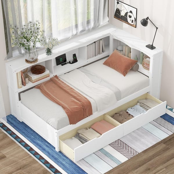 White Twin Size Daybed with Two Storage Drawers, Storage Cabinets and USB Ports