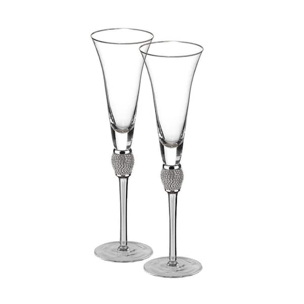 Elegant 7 oz. Champagne Glasses with Diamond Rhinestone Accents and a Polished Silver Rim (Set of 2)