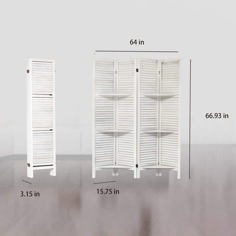 White Wood 5.6 ft Folding Privacy Screen Room Divider with Shelves