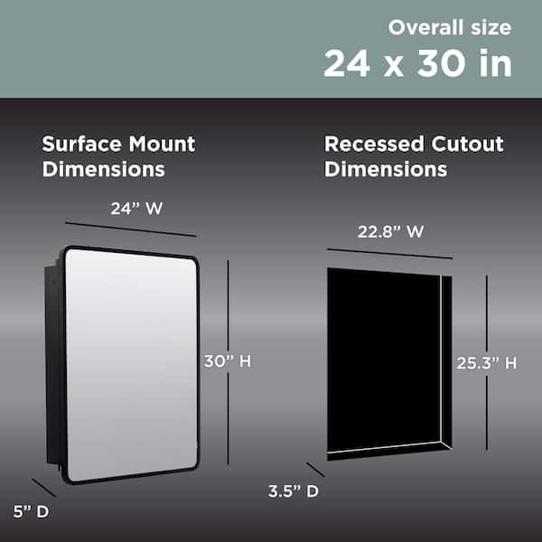 Glacier Bay 24 in. W x 30 in. H Rounded Corner Rectangular Matte Black Medicine Cabinet with Mirror
