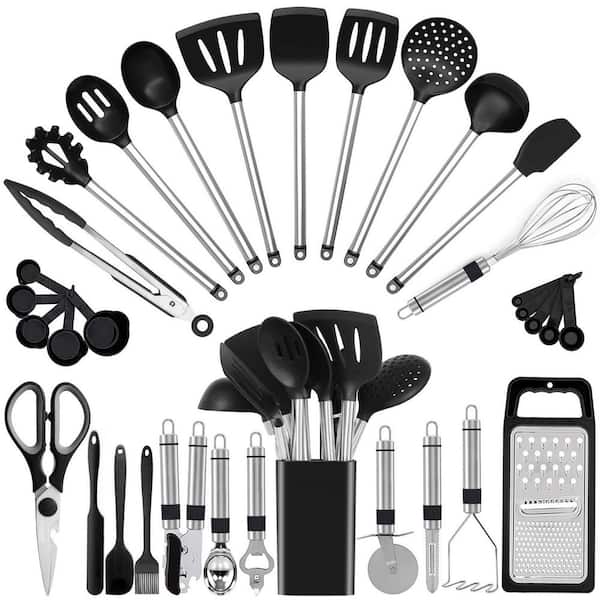 33 Piece Black Silicone and Stainless Steel Kitchen Utensil Set Includes All Need to Cook Utensil for Nonstick Cookware