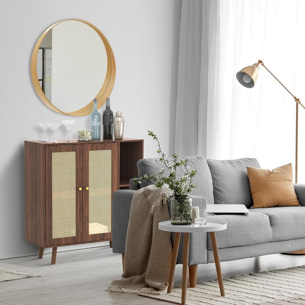 Walnut Mid-Century Modern Bar Cabinet with Rattan Panels