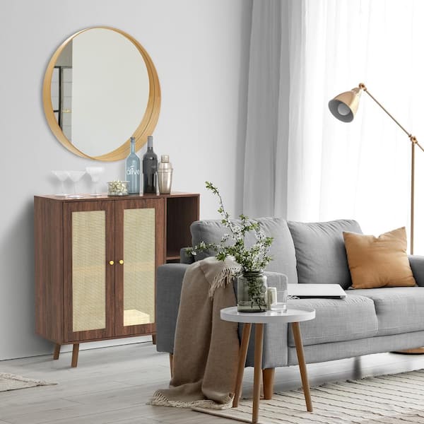 LOFT & LUV Loft and Luv Coda Bar, Walnut with Natural Rattan Doors 35.83 in. Rectangle Wood Coffee Table with Wine Rack