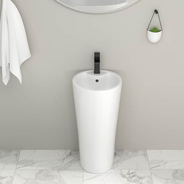 15 in. W x 15 in. D Circular Ceramic Bathroom Pedestal Sink in Glossy White with Overflow