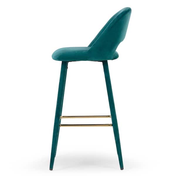Set of 2 Anita Teal Velvet 29.5 in. Bar Stool with Upholstered Legs and Golden Footrest