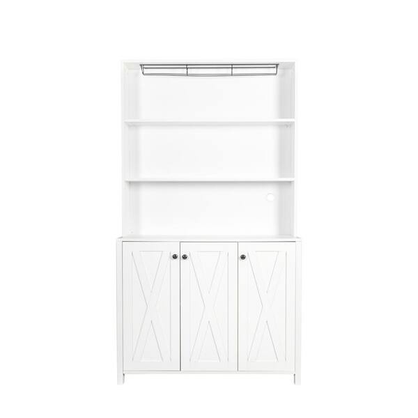 White Wood Pantry Organizer Kitchen with Drawers, Open Shelves and Wine Rack KIKIO202400