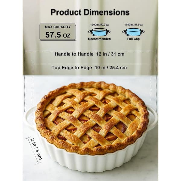 10 x 2 in. Deep Ceramic Pie Pan w/ Dual Handles for Baking Pies