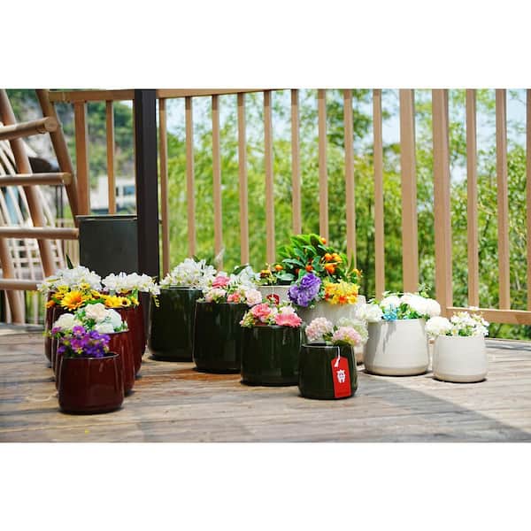 GOGEXX Set of 4 11.9 in. Round Glossy Ceramic Flower Pot in Antique Green with Drainage-Frost Weather Resistant Planter