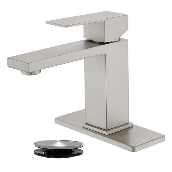 Single Handle Single Hole Bathroom Faucet with Pop-Up Drain Assembly Stainless Steel Vanity Basin Taps in Brushed Nickel
