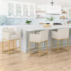 Luna 26 in.Linen Fabric Upholstered Counter Height Bar Stool with Golden Metal Frame Square Counter Stool (Set of 3)