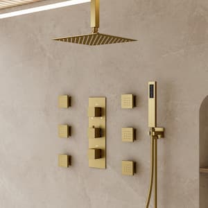 5-Spray Patterns Shower Faucet Set 12 in. Ceiling Mount Dual Shower Heads with 6-Jets in Brushed Gold (Valve Included