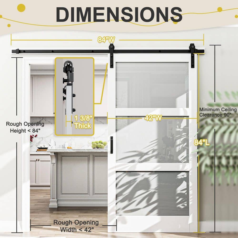 White Finished Composite MDF Sliding Barn Door with Frosted Glass Panels