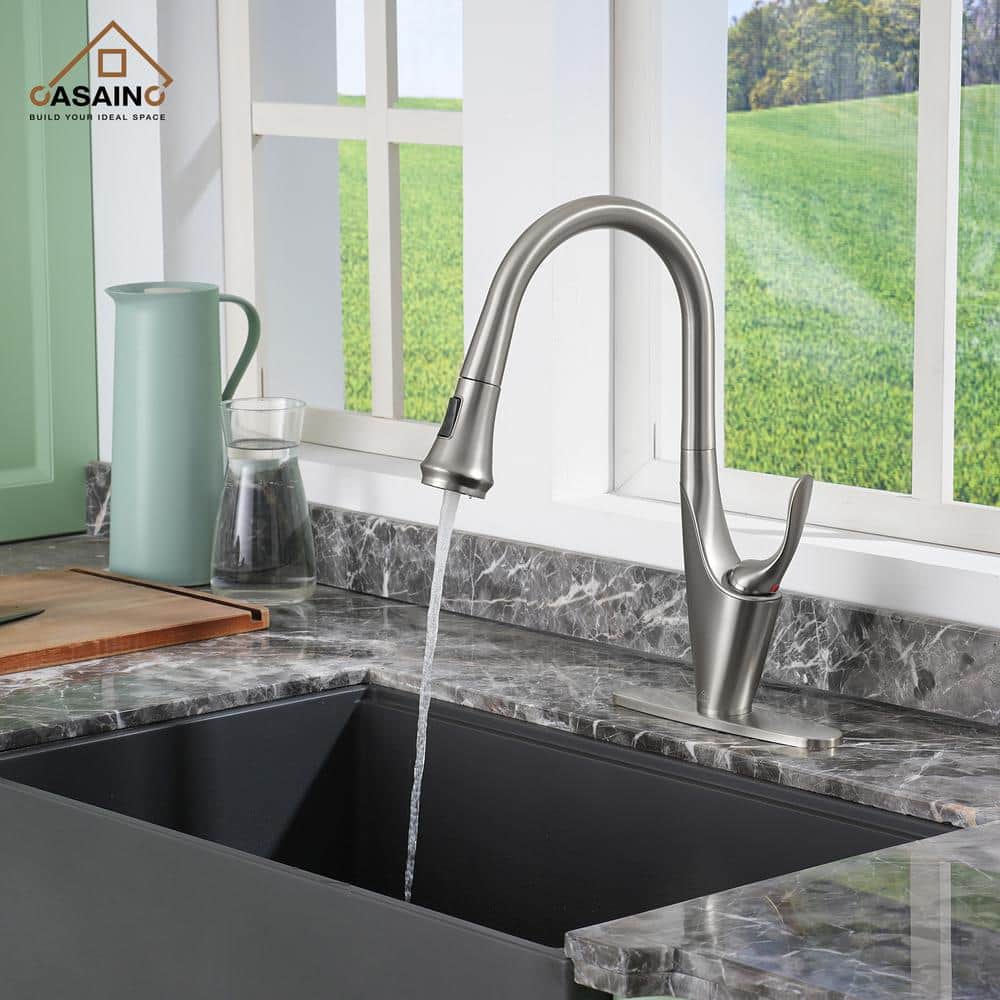 Brushed Nickel Pull-Down Kitchen Faucet with Deck Plate