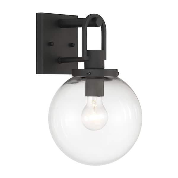 Wenston 13 in. Sand Black Outdoor Hardwired Globe Coach Wall Sconce with Clear Glass Shade and No Bulb Included