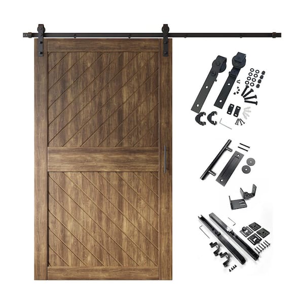 HOMACER XT3 42 in. x 84 in. C-Panel Dark Walnut Slanted Stripe Design Solid Pine Wood Sliding Barn Door with Hardware Kit
