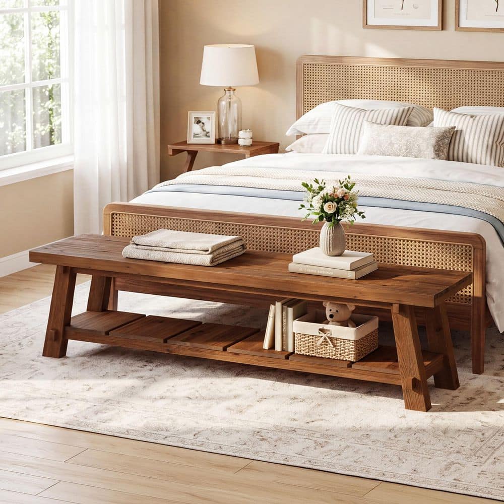 Rita 71 in. Brown Solid Wood Rectangular 2-Tier Storage Shelves Dining Bench Living Room Hallway Bed Room Modern Simple