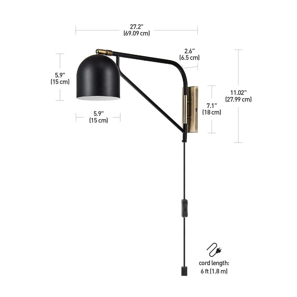 Matte Black and Antique Brass Classic Plug-In Wall Sconce