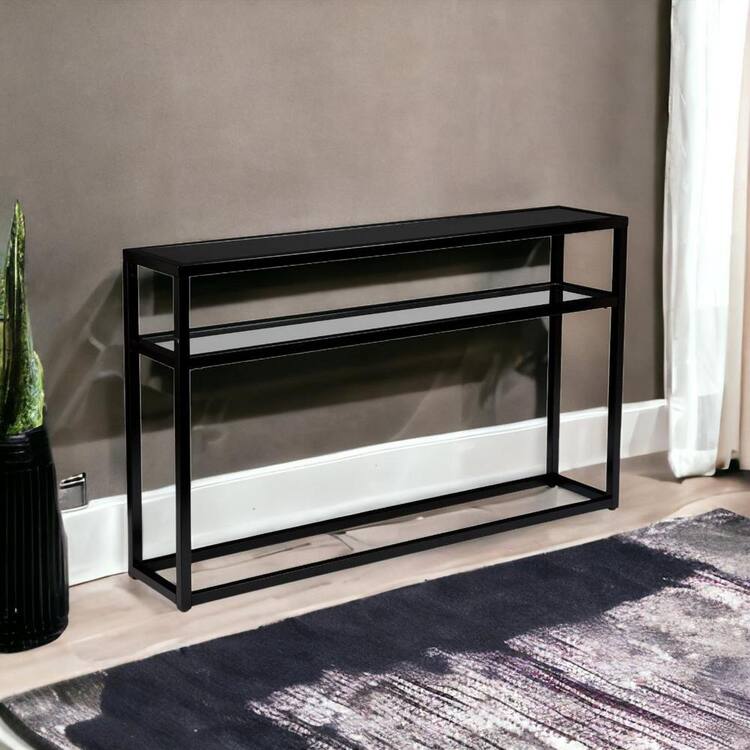 HomeRoots 56.25 in. Black Rectangle Glass Console Table with Shelves