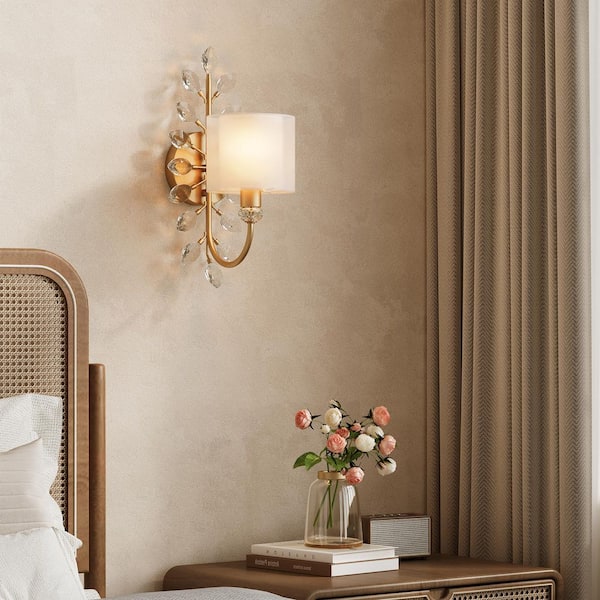 6 in. 1 Light Gold Indoor Wall Sconce with Dual-Layer Fabric Shade and Crystal Flower Branch for Bedroom, Hallway