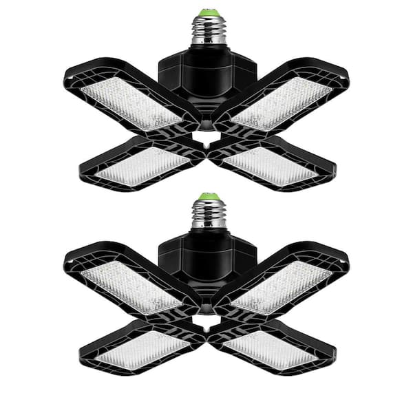 80-Watt Black Deformable LED Adjustable Garage Light Semi-Flush Mount Lighting, 4-Leaf 6000K Daylight White (2-Pack)
