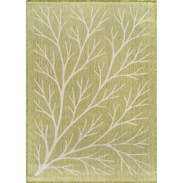 Flora Olive 6 ft. x 9 ft. Coral Branch Washable Indoor Outdoor Area Rug