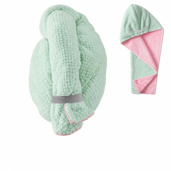 Green and Pink Microfiber Hair Towel Wrap with Elastic Strap, Quick-Dry Turban for Long Curly Thick Hair