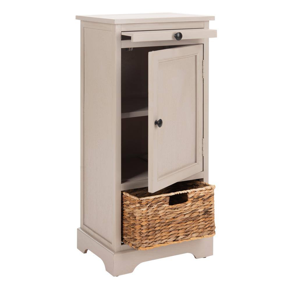 Transitional Vintage Grey Pine Storage Unit with Woven Basket