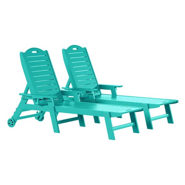 Brighton Outdoor Patio Turquoise Poly Plastic Set of 2 Reclining Chaise Lounge Cup Holder Pool Chairs w/ Wheels
