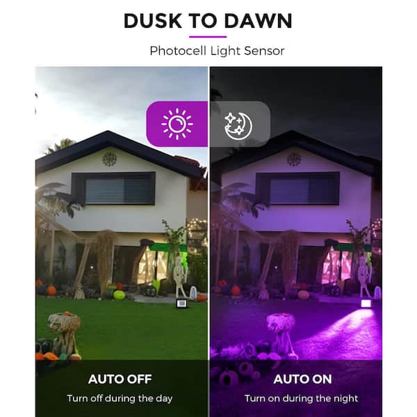 50W LED Outdoor Flood Lights, Orange and Purple, Auto On/Off, IP66 Waterproof, 2300lm for Yard, Party, 2-Pack