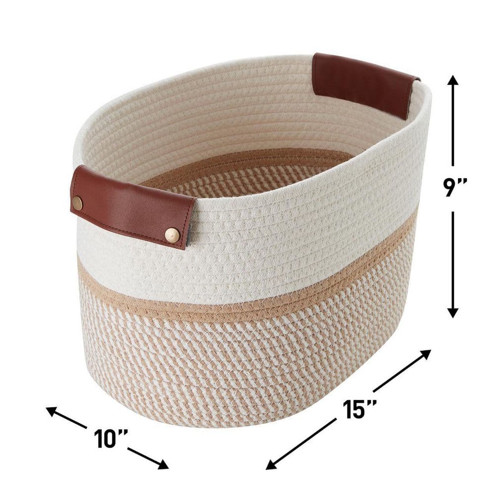 Set of 3 White and Brown Cotton Rope Storage Baskets with Faux Leather Handles