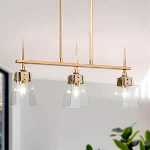 24 in. Mid-Century Modern Kitchen Island Linear Pendant Light 3-Light Brass Gold Pendant Light with Seeded Glass Plates