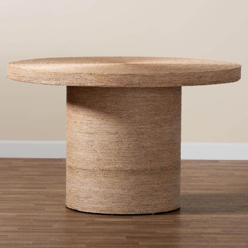 Bistra Natural Brown Seagrass and Wood Round Dining Table with Glass Top