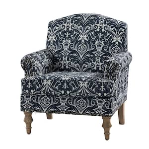 Romain Farmhouse Navy Polyester Spindle Hardwood Armchair with Solid Wood Legs and Rolled Arms