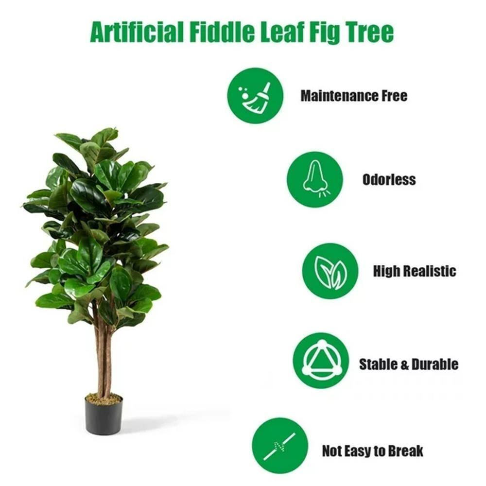 4ft Green Artificial Fiddle Leaf Fig Tree in Black Plastic Pot