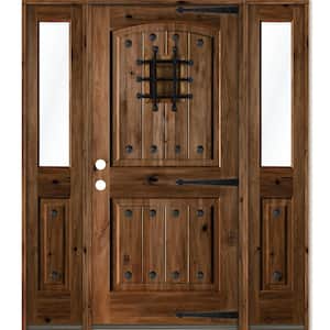 58 in. x 80 in. Medit. Knotty Alder Right-Hand/Inswing Clear Glass Provincial Stain Wood Prehung Front Door w/DHSL