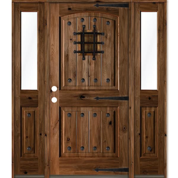 Krosswood Doors 60 in. x 80 in. Medit. Knotty Alder Right-Hand/Inswing Clear Glass Provincial Stain Wood Prehung Front Door w/DHSL