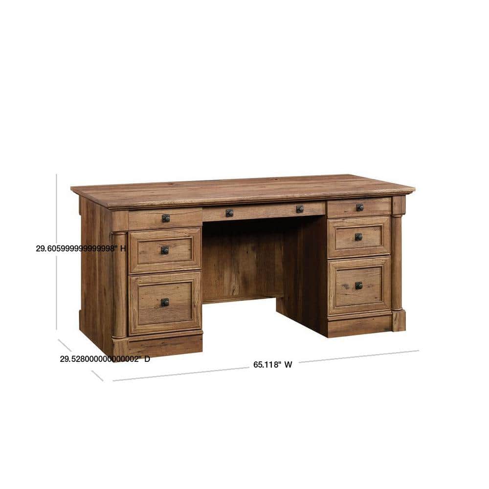 Vintage Oak Executive Desk with Drawers and Power Outlet