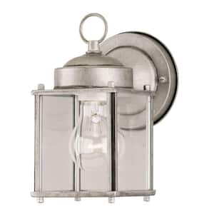 1-Light Antique Silver Steel Exterior Wall Lantern Sconce with Clear Glass Panels