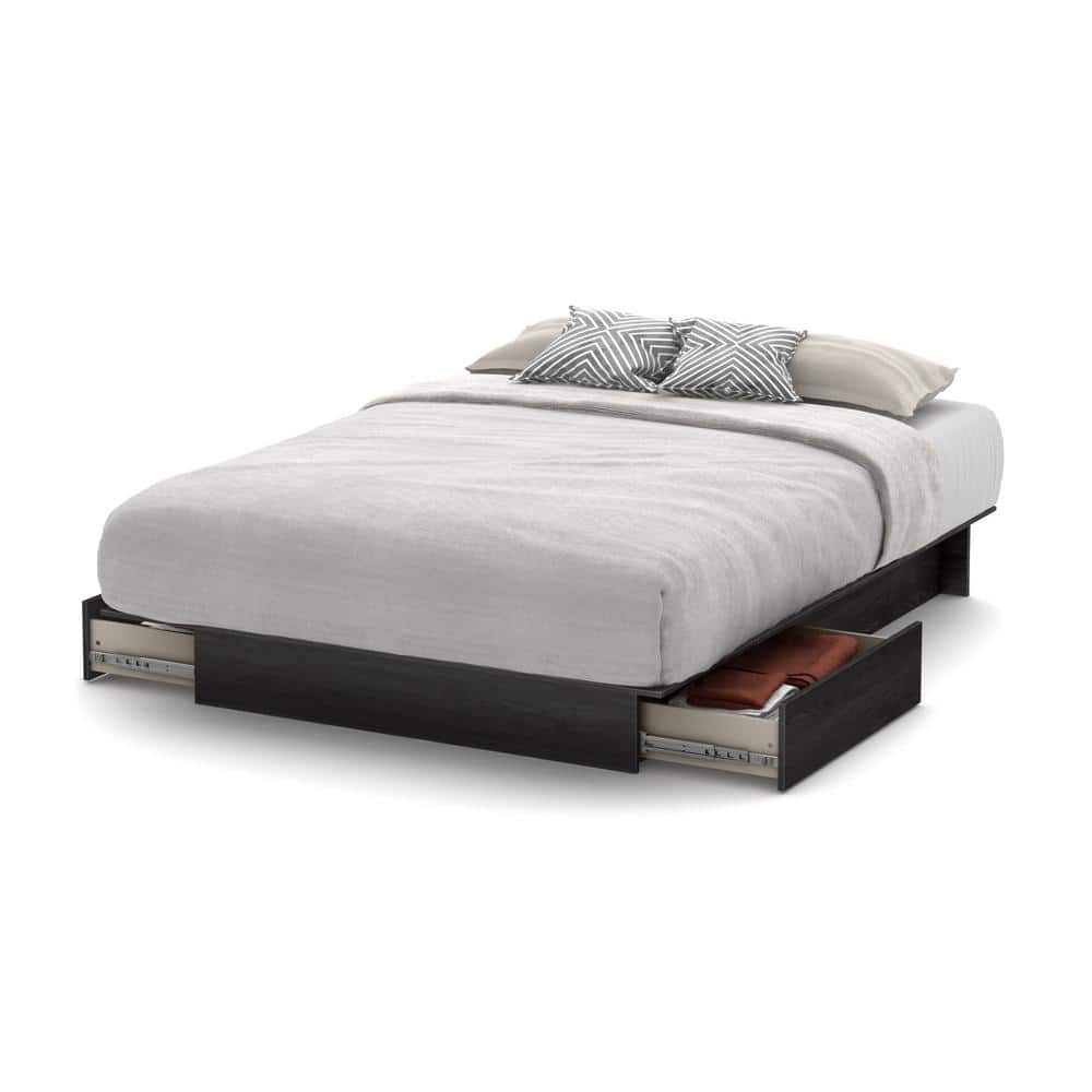 Queen-Sized Oak Wood Frame Platform Bed with Upholstered Storage Drawers