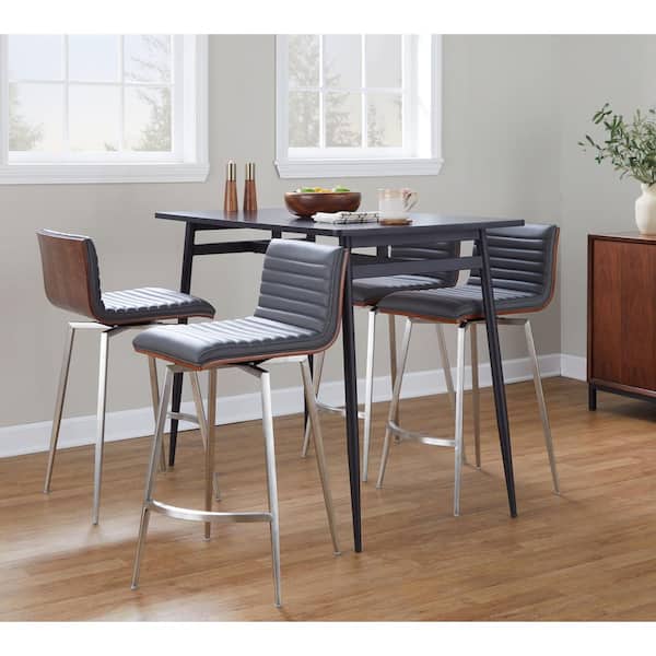 Lumisource Marcel-Mason 5-Piece Grey Faux Leather Walnut Wood Stainless Steel Black Metal and Black Wood Counter Height Dining Set