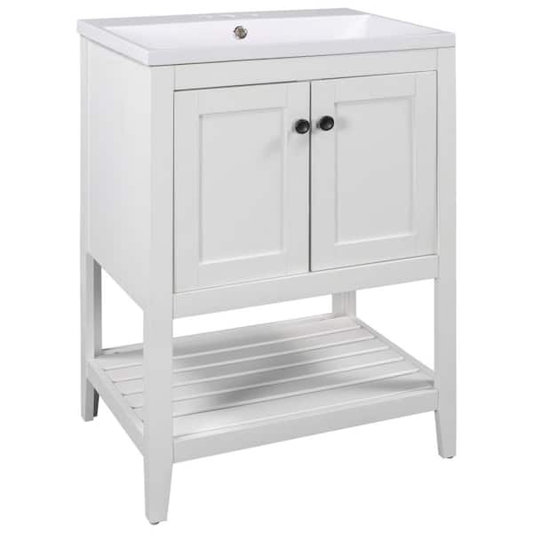 Polibi 23.70 in. W x 17.80 in. D x 33.60 in. H White Modern Bathroom Vanity Ceramic Sink Top with Solid Wood Frame Shelf