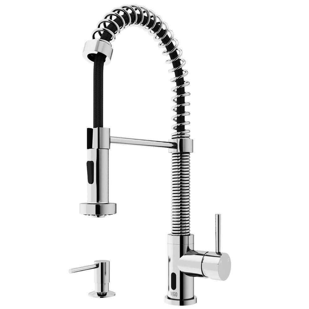 VIGO Edison Single Handle PullDown Sprayer Kitchen Faucet Set with Soap Dispenser and Touchless