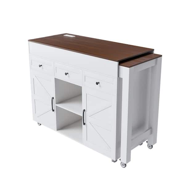 White Wood 74.8 in. Kitchen Cart w/ Cabinets & Extendable Dining Table & Power Outlet Rolling Kitchen Island on Wheels