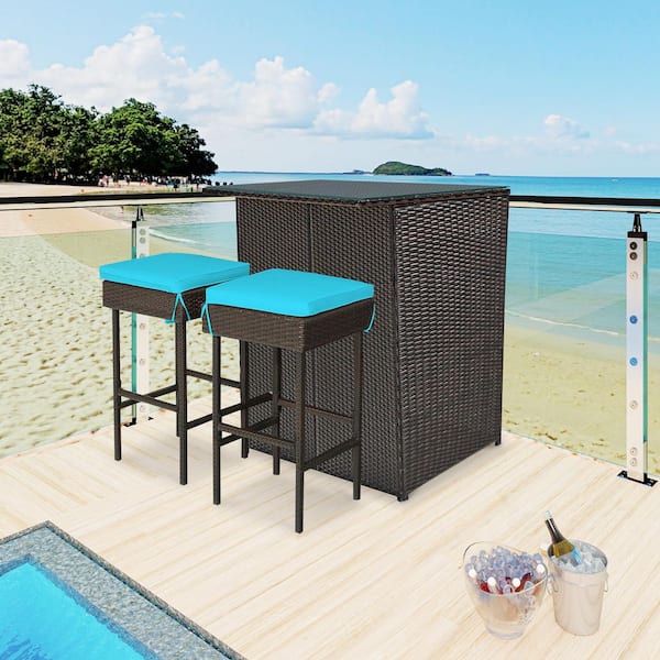 ANGELES HOME Brown 3-Piece Rattan Wicker Outdoor Serving Bar Set with Turquoise Cushion and Tempered Glass Table Top
