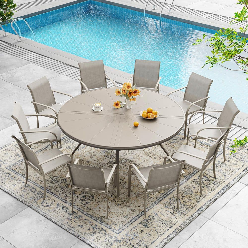 11-Piece Patio Dining Set with 59.8 in. Sandshell Aluminum Round Table and 10-Sandshell Stackable Dining Chairs price history on PriceWatchPro